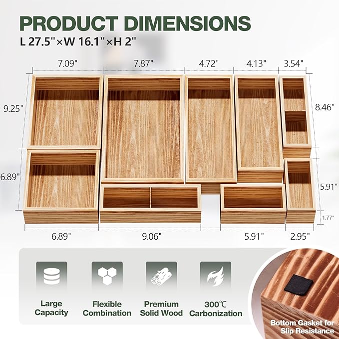 9-Pack Solid Wood Junk Drawer Organizer, Modular Desk Drawer Tray & Accessories with Non-Slip Pad, Multi-Use for Kitchen, Office, Bedroom Dresser, Utensil, Makeup, Stationery, Tea Bags & Coffee Pod