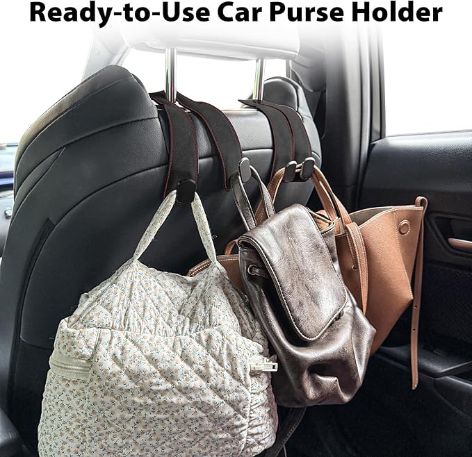Travel Depot Headrest Hooks for Car, Purse Hook for Car, Premium Leather Twin Hook Car Seat Hooks, Double Hook Seat Back Storage Organizer for Purses, Bags, SUV, Truck, Vehicle, 2 Pack, Black