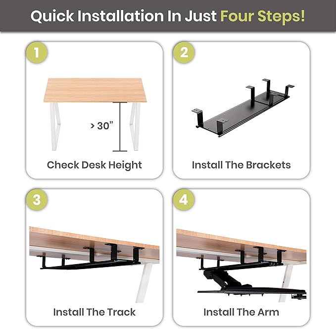 Under Desk Keyboard Tray Track Elevation Kit for 30" x 24" Desk - Easily Install Undermount Tray for Maximum Comfort and Better Posture Even with Desk Underside Bars