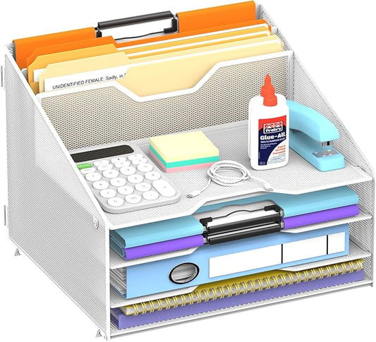 Desk File Organizer, 4 Letter Trays and 2 Upright Sections, White | Paper organizer for desk with tiered letter trays and upright file sections for home office, school and workspace use