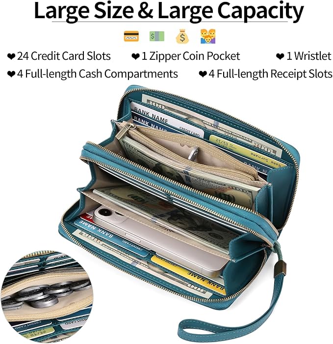 GAEKEAO Wallet for Women Clutch RFID Blocking Wristlet Leather Purse Large Capacity Credit Card Holder with Grip Hand Strap