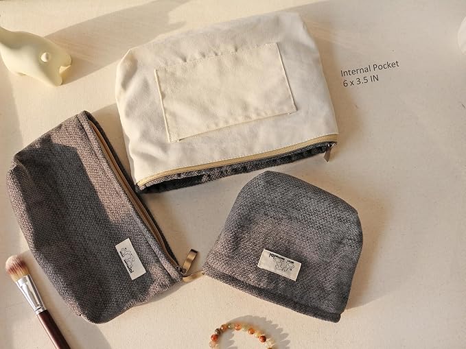 HAPPYHEIDI Gray Velvet Makeup Bag Set 3 with Compartment Cosmetic Toiletry Travel Pouch,Purse Accessory Organizer, 3-Size, Canvas Lined