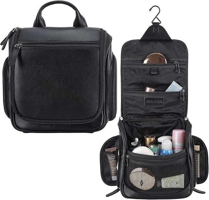 Masa Kawa Leather Hanging Travel Toiletry Bag for Men Portable Expandable Camping Cosmetics Makeup Toiletries Organizer Waterproof Bathroom Shaving Kit Black Wash Bags
