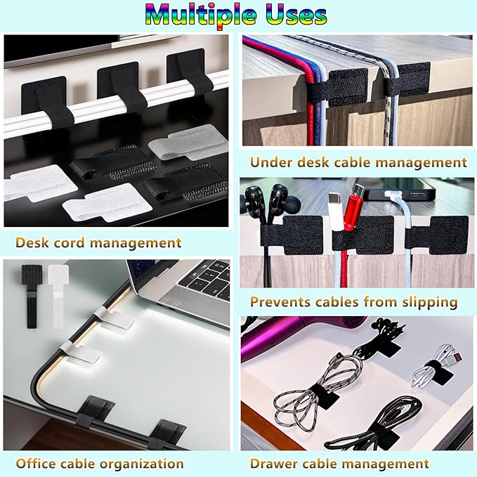 Desk Cable Management, Wire Organizers for Cords - Upgrade 48 PCS Grey Sticky Back Self Adhesive Cable Ties, Hook and Loop Straps for Home or Office Use
