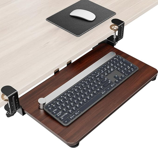 Ergonomic Mouse & Keyboard Tray Under Desk, Pull Out with Adjustable C-clamp, 20 (25.9 Including Clamps) x 11.8 Inch Slide Out Computer Keyboard Drawer Mouse Tray for Typing, Walnut