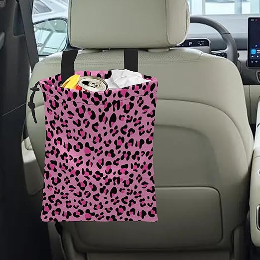 Car Trash Bag Pink Leopard Print Car Garbage Bag Hanging Car Trash Can for Back Seat with Drawstring