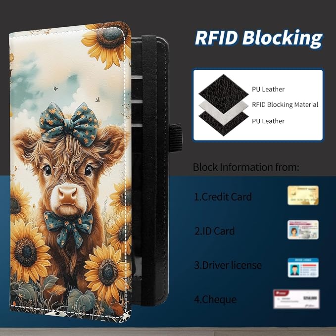 Check Book Cover for Personal Checkbook with Duplicate Checks for Women's & Men PU Leather Wallets Check Book Holder with Pen Card Slots Elastic Strap,Highland Cow Sunflowers