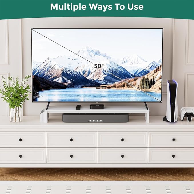 Dual Monitor Stand Riser, 41.5'' Extra Long Wood Monitor Stand Desktop Organizer with Side Pocket, Ergonomic Monitor Riser Supports 2 Monitors,TV,Laptop,Printer for Home Office, White