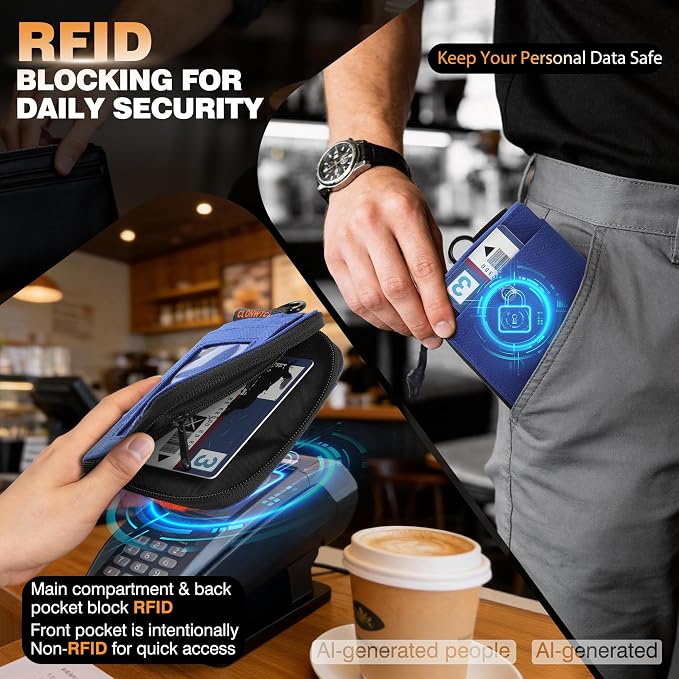 Coin Purse for Men, RFID Blocking 500D Nylon Small Wallet with Key Clip, Slim Front Pocket Card Holder, Zipper Coin Pouch & ID Window Organizer for Cards, Cash