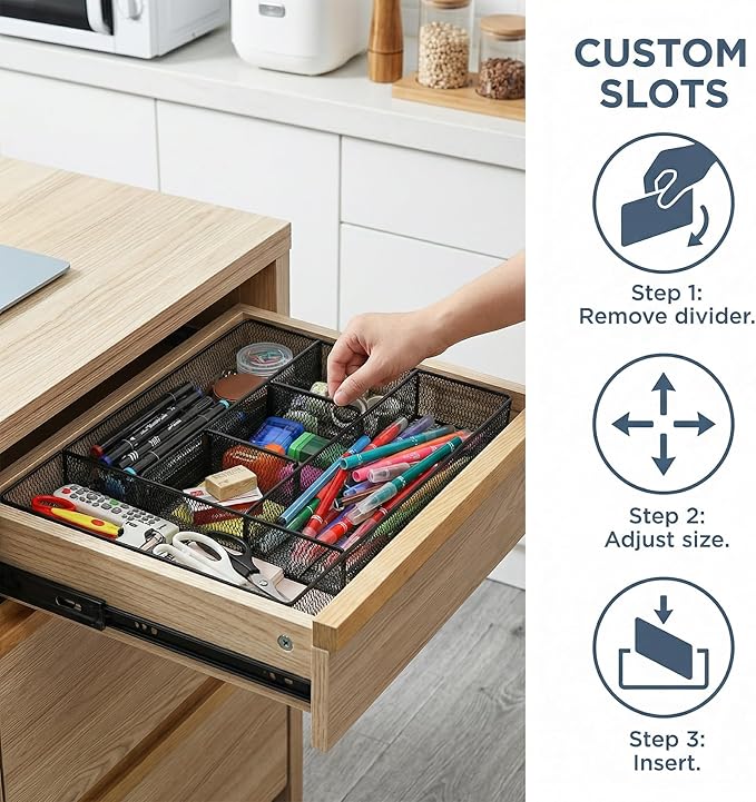 Hiceeden 2 Pack Mesh Desk Drawer Organizer, 16.1"x12.2"x2" Large Desk Organizer Tray with 2 Removable Dividers, 6 Compartment Metal Organizers for Home, Office, Makeup & Vanity