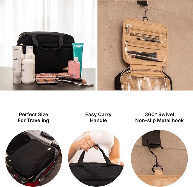 Carrywell (Not Made In China) Toiletry Bag Travel Bag with Hanging Hook, Makeup Organizer Case, Water-Resistant Cosmetic Bag For Full-size Containers, Toiletries, Black Large