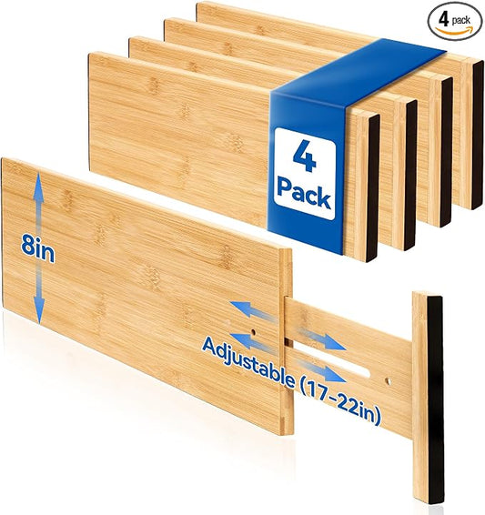 4 Pack Deep Drawer Dividers, 8" High Bamboo Expandable Drawer Organizers, 17-22" Adjustable Tension Separators, Large Drawer Dividers for Kitchen, Bedroom Dresser, Baby Nursery & Bathroom