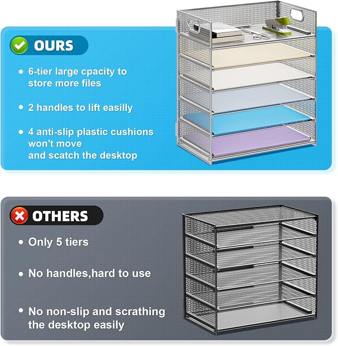 Marbrasse 2 Pack Desk Organizer with Handle, 6 Tier Paper Letter Tray, Mesh Desk File Organizer for Office, School and Home - Silver