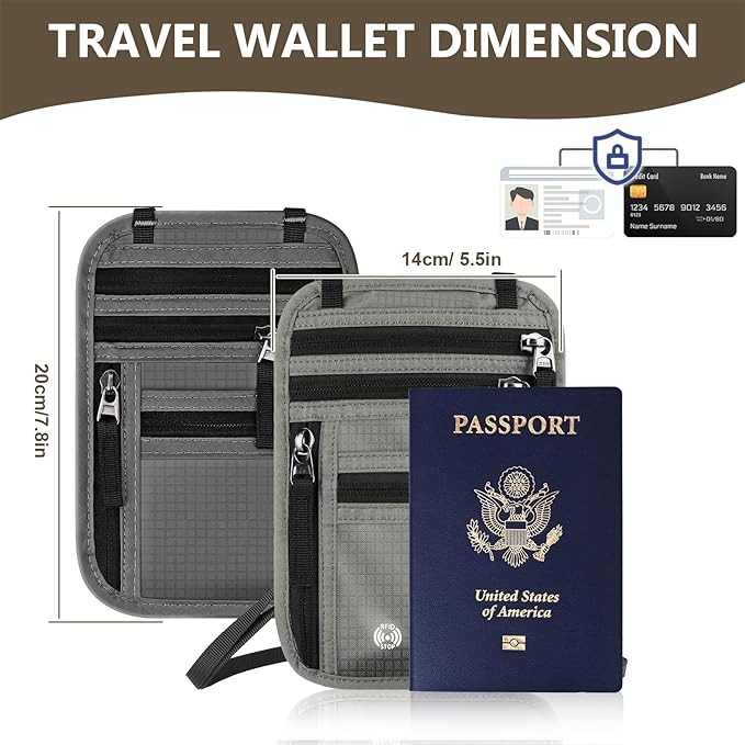 Likesing 5.5" L x 7.8" W Travel Neck Wallet, RFID Blocking Passport Holder for Travel Women Men, Security Lightweight Travel Wallet, Neck Passport Pouch Gifts for Traveling (Dark Grey)