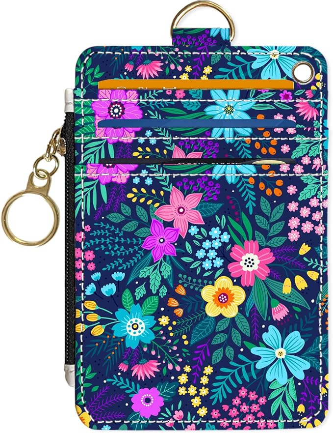 Slim Wallet Credit Card Holder, Purple Floral Print X, RFID Wallet Women Cute Small Front Pocket Wallet With Zipper, PU Leather Thin travel RFID Blocking Card Case ID Window,Ladies Gifts