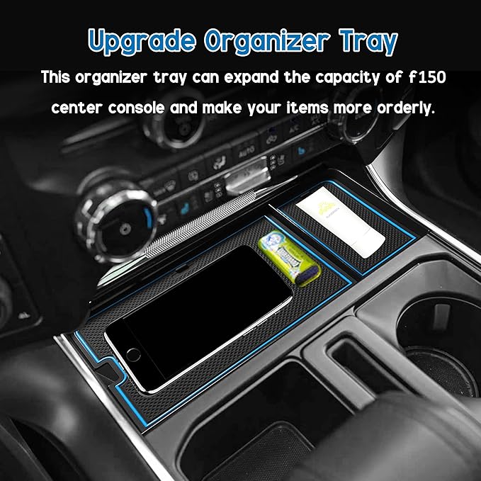 SENSHINE Center Console Organizer Tray for Ford F150 2021-2024/Lightning XLT 2022-2024 Interior Accessories Hidden Insert Storage Box with USB Hole Fit Front Shifter Open Pocket (Blue)