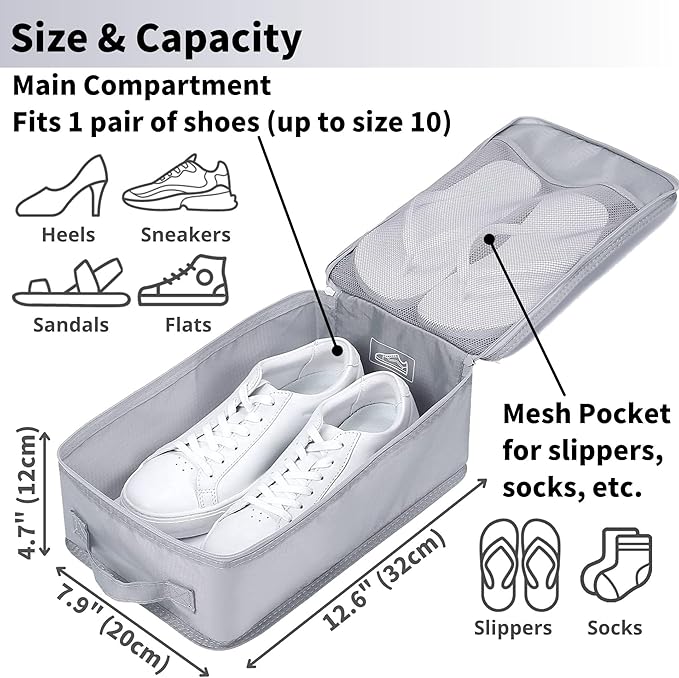 tianzong Travel Shoe Bag with Handle Holds 2 Pairs of Shoes, Shoe Packing Cubes for Travel (Grey, 2 Pack)
