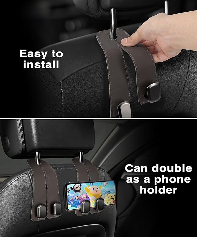 Luxurious Leather Car Purse Holder Hooks - 2PCS Multifunctional Headrest Hangers for Seat Back Storage (Brown)
