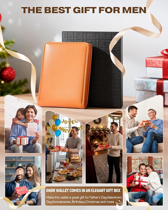 GNDR Wallet For Men Bifold Orange RFID Blocking Slim Faux Leather Wallets Card Holder Front Pocket Minimalist Men Accessories With Gift Box