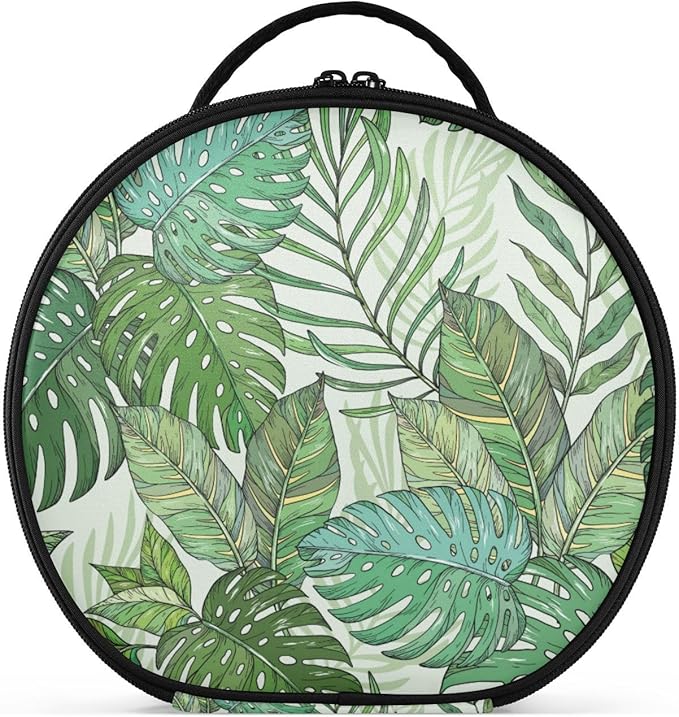 senya Round Cosmetic Pouch Travel Makeup Train Case Tropical Palm Leaves Makeup Organizer Bag with Adjustable Dividers Portable for Cosmetics Makeup Brushes Toiletry Jewelry Accessories