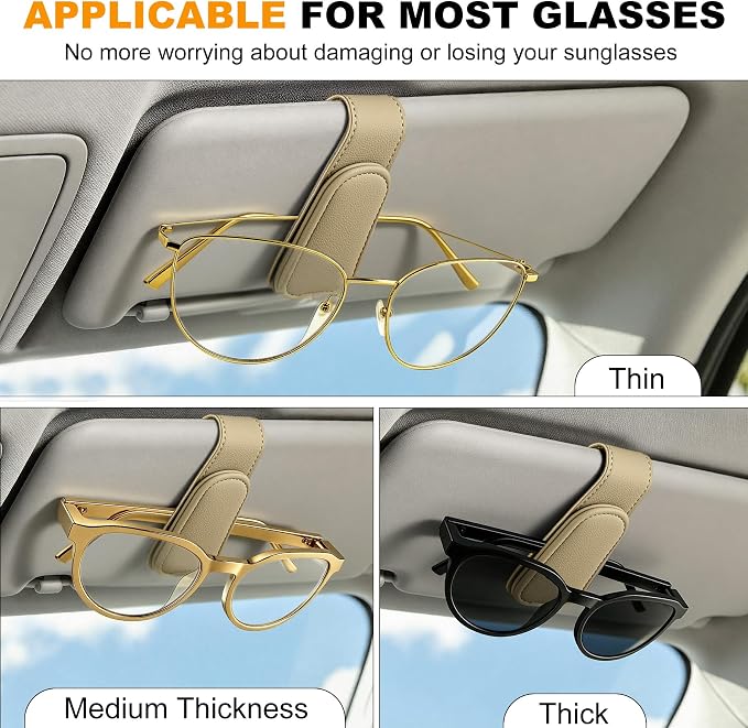 Sunglass Holder for Car Visor Magnetic Leather Visor Sunglasses Clip Eyeglass Hanger Clip for Car Sun Visor Beige 1 Pack