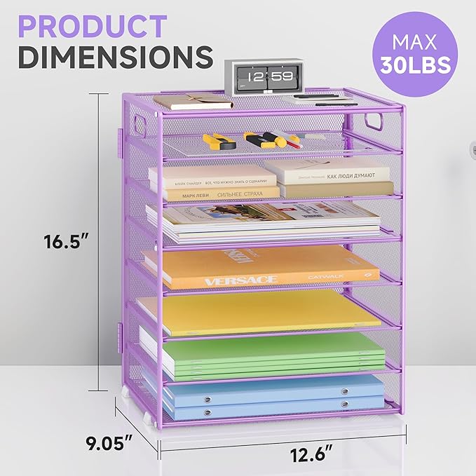 Paper Organizer with Handle Metal Mesh File Sorter for Desk Organizers Paper Letter Tray Desktop Document Sorter for Office or School 2 Pack 8 Tier Purple Desk Storage