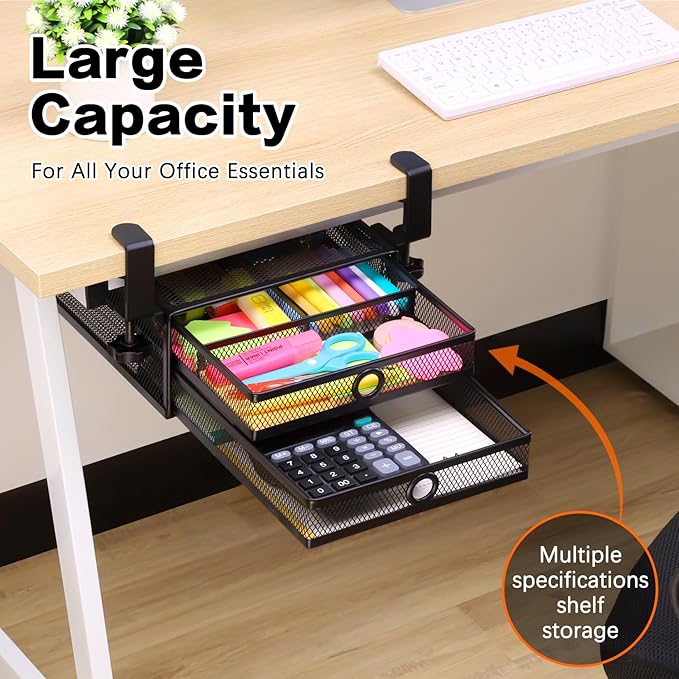 ROSYLINE Under Desk & Desktop Drawer Organizer - 2-Tier Metal Slide Out Drawers Organizer, Storage for Home Office Desk (Black)