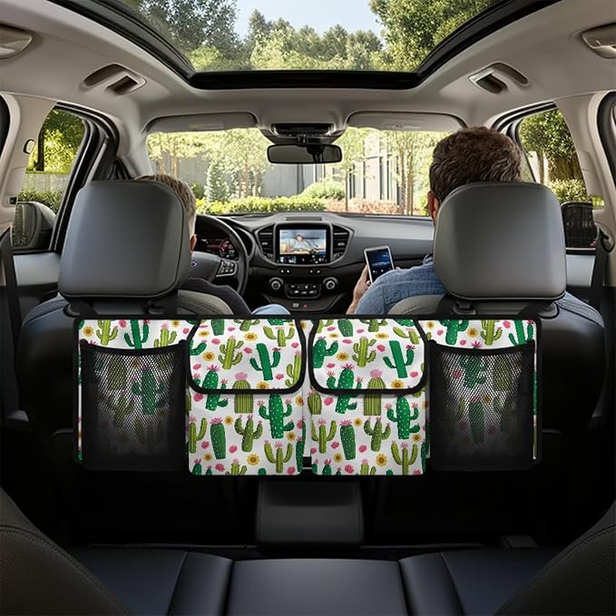 Cactus Car Hanging Trunk Organizer Cargo Storage Bag Car Interior Accessories with 2 Pockets & 2 Mesh Pouches for Groceries Universal for Most SUV Sedan Truck