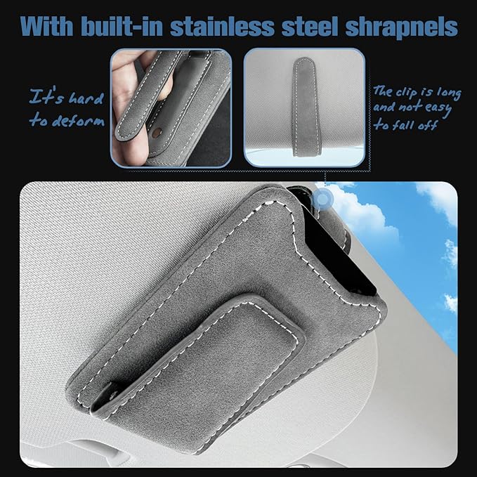 Car Sunglasses Holder - Visor Clip Style & Magnetic Plush Leather Construction Doubles as Credit Card & Fuel Card Box with Storage Pocket &Holds Sunglasses
