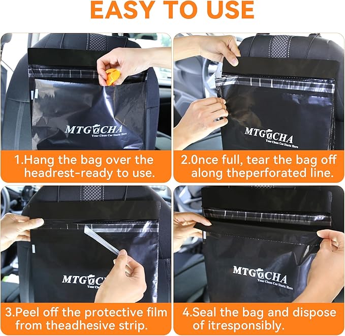 Disposable Car Trash Bags Hanging (Set of 60) - Leak-Proof, Smell-Proof, Recycled Car Garbage Bags, Automobile Trash Container, Road Trip Essentials, Black-Medium