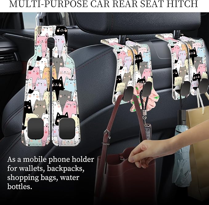 PU Leather Car Seat Hook, Storage Headrest Hanger, Cute Car Backseat Organizer, Car Hooks for Purses and Bags Multicolor Cat