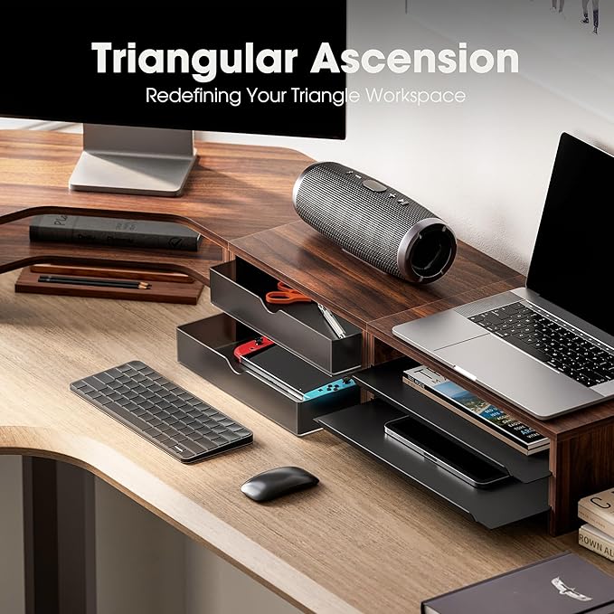 Fenge Dual Monitor Stand, Corner Monitor shelf with Drawer and Slide-Out Tray, 2 Tier Triangle Monitor Riser with Storage, Desk Shelf Organizer for Desk, Home Office, Computer, Laptop, Printer