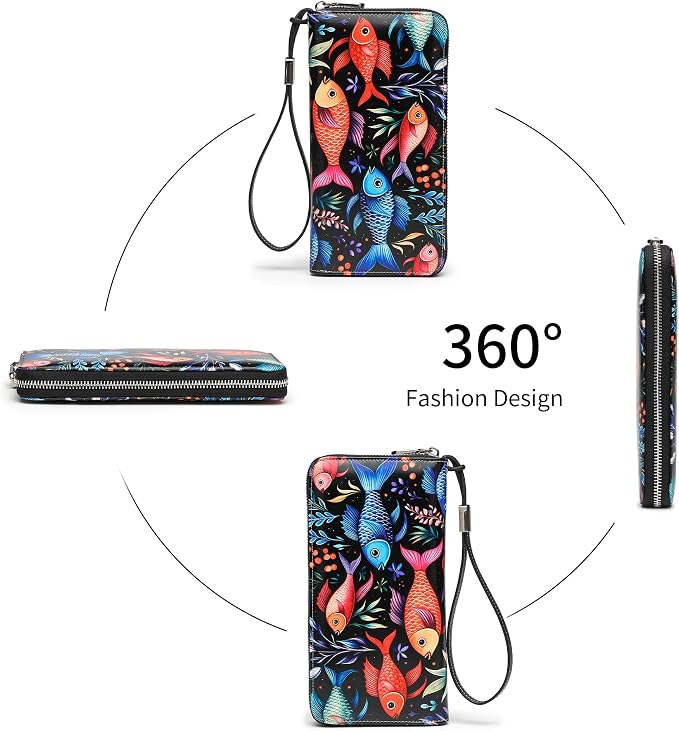 RFID Blocking Wristlet Large Wallet for Women Credit Card Holder Bifold Designer Zipper Phone Long Wallet Purse Aquarium