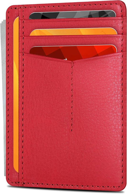 Oak Leathers Leather Slim Minimalist Wallet for Men & Women RFID Front Pocket Leather Card Holder Wallets (Nappa Red)