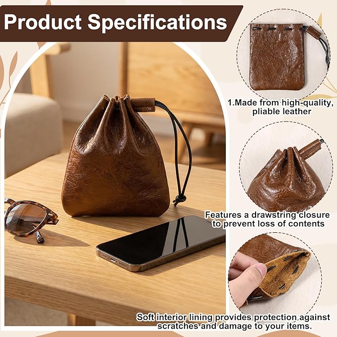 Drawstring Cowhide Bag, Leather Storage Bags, Medieval Coin Purse Organizer, Small Waterproof Pouch Vintage Pouches for Earphone Jewelry Men Women Costume Accessories (Small, Coffee)