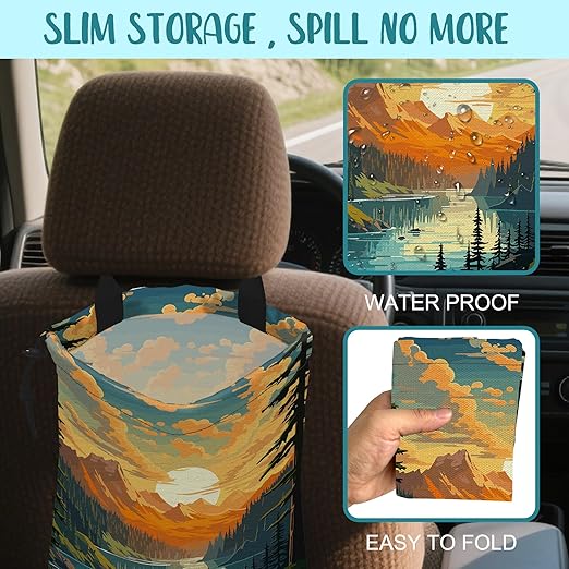 Car Garbage Bag Mountain Lake and Sunrise Drawstring Car Trash Bag Hanging for Back Seat with Adjustable Buckle Canvas Vehicle Trash Can Easy-to-Install