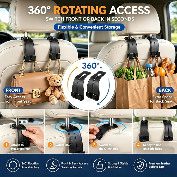 vidonio 2 Pack Leather Headrest Hooks for Car, Double Car Seat Back Storage Hook for Purses, Handbags and Grocery Bags, Heavy Duty Car Purse Holder, Universal Car Seat Headrest Hanger Accessories
