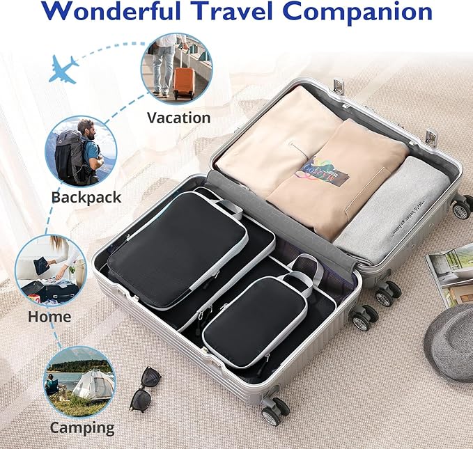 Compression Packing Cubes, 8 Set Packing Cubes for Travel Compression, Lightweight Compressible Package Organizer for Carry On and Suitcases, Black and Grey
