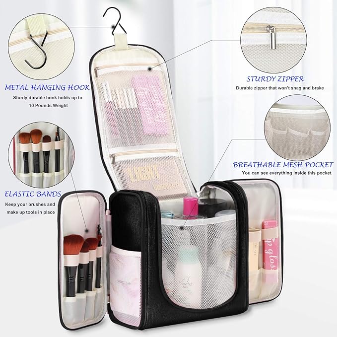 Freegrace Extra Large Hanging Toiletry Bag for Men and Women - Water-Resistant Nylon Travel Bathroom Organizer for Cosmetics, Makeup, and Toiletries