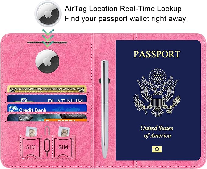 Airtag Passport Holder for Travel Essentials Wallet Rfid Blocking Cover Leather Case Vacation Travel Accessories for Women Men (601#Pink)