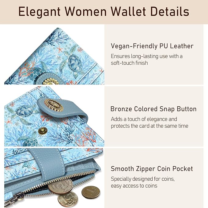 Kelvoris Sea Turtle Small Rfid Women Wallet Bifold Zipper Coin Pocket PU Leather Compact Cash Credit Card Holder Travel Wallet for Female Ladies Teen Girls 1 ID Window 10 Card Slots