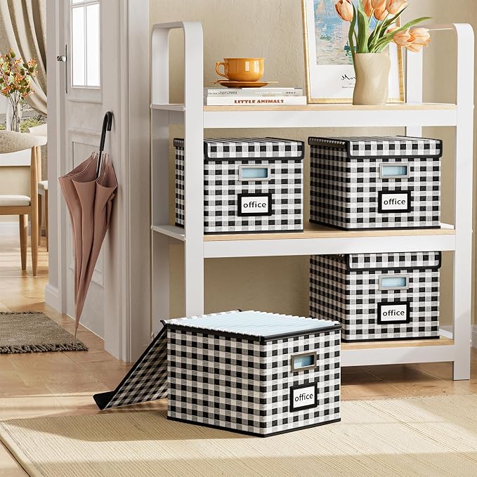 Decorative File Organizer Boxes Office Document Storage with Lids, Linen File Storage Organizer Boxes, Universal Hanging Filing Organization Box for Letter/Legal Folder,Home File Storage Bins