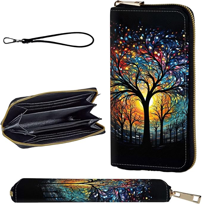 Wallet,Leather Long Wallet Suitable For Ladies And Teenagers - Detachable Wristband + RFID Travel Wallet With Card Slot - Colorful Trees