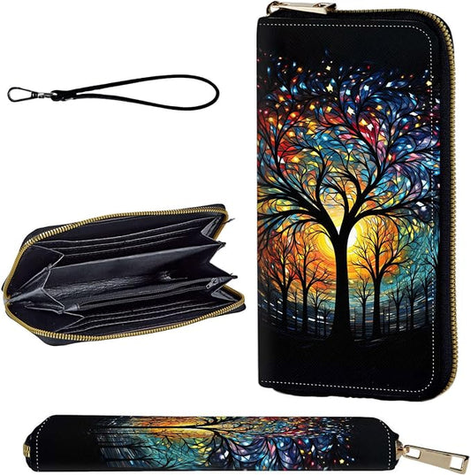 Wallet,Leather Long Wallet Suitable For Ladies And Teenagers - Detachable Wristband + RFID Travel Wallet With Card Slot - Colorful Trees