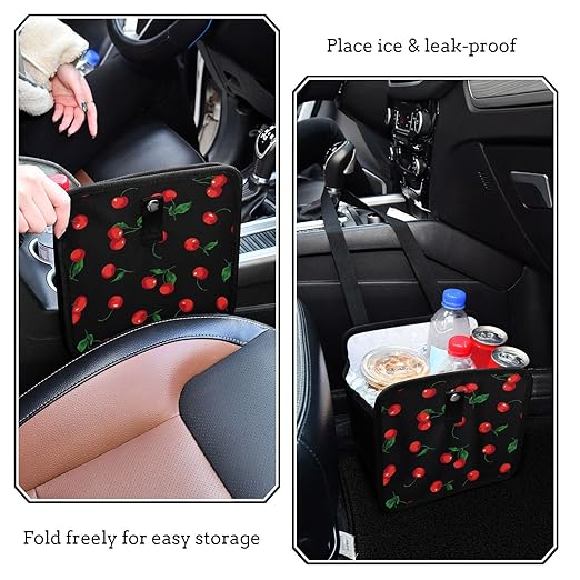 Cherry Black Car Trash Can, Foldable Hanging Car Trash Bag, Watercolor Fruit Leaves Small Waterproof Car Accessories Garbage Bin