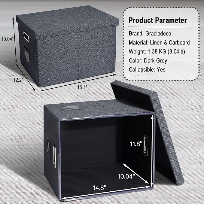 Graciadeco 4-Pack Modern Minimalist Dark Gray Collapsible Linen File Folder Box with Lid for Letter Size Hanging Files, Office Organization, General Storage