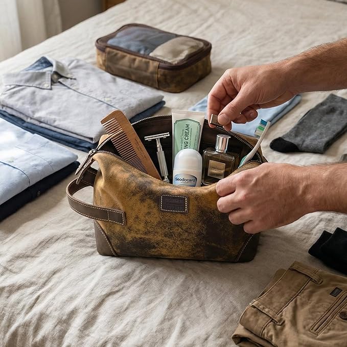 LEATHER VILLAGE Genuine Leather Dopp Kit for Men & Women – Travel Vintage Toiletry Bag with Waterproof Lining, Shaving & Bathroom Essentials Organizer - Distressed Brown