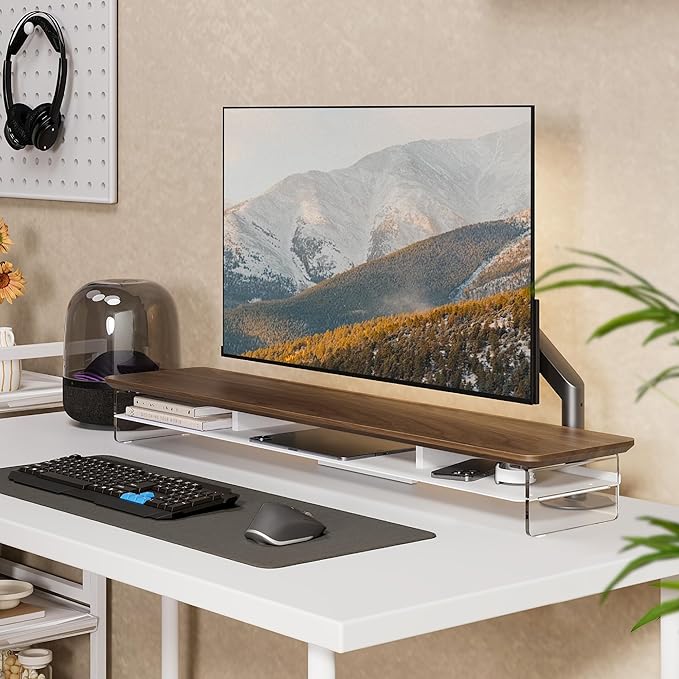 Fenge Acrylic Monitor Stand, 42.5 Inch Clear Dual Monitor Riser with Metal Storage, 2 Tier Computer Riser with LED Lights for Desk, Laptop, Printer, TV