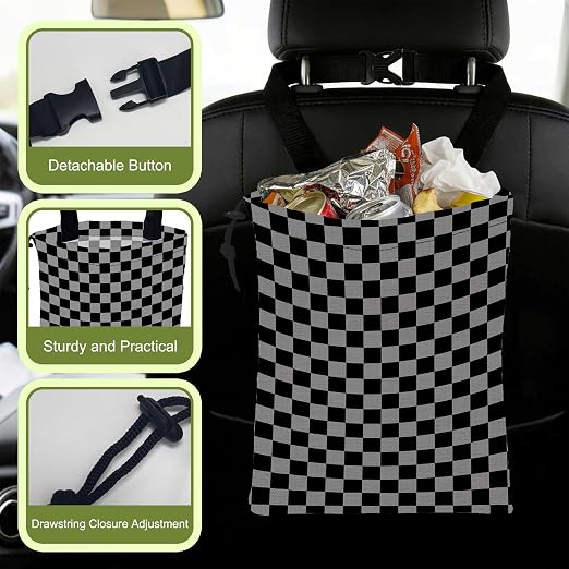 Car Trash Bag Black Gray Checkered Hanging Drawstring Car Organizer and Storage Bag with Adjustable Buckle Canvas Garbage Bin for Back Seat or Hanging Headrest Car Decor Road Trip Essentials