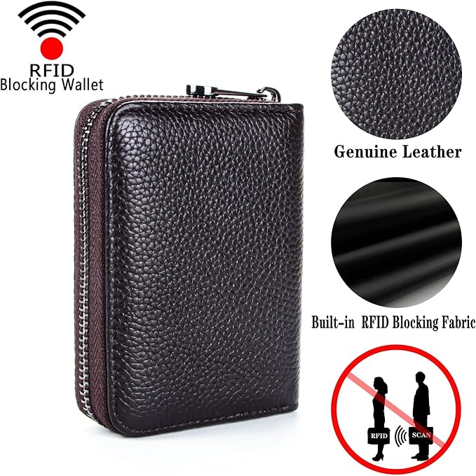 Suweibuke Genuine Leather Credit Card Holder Zipper Wallet RFID Blocking Secure Card Case ID Case Organizer (Classic Brown)